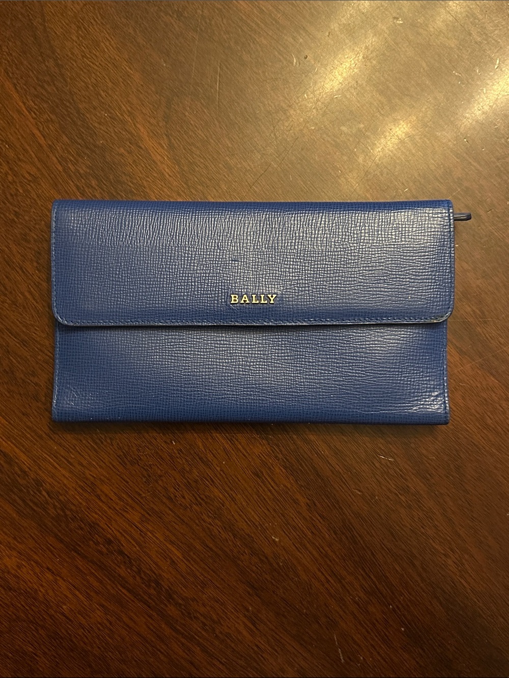 Bally Blue Leather Fold-Over Continental Wallet with Gold Logo